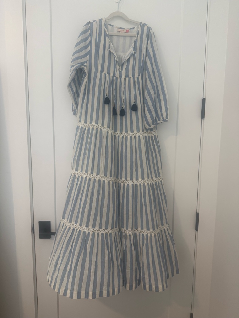 Pink Chicken Blue and White Striped Tiered Maxi Dress with Tassel Detail